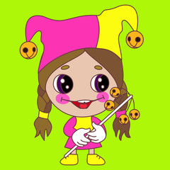 Fototapeta premium emoticon with smiling circus harlequin with two colored cape or hat with two tips and spherical bells that has rosy cheeks drawn with theatrical makeup, vector emoji chibi girl 