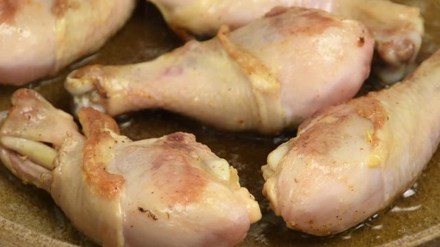 Chicken legs fried in a pan close-up