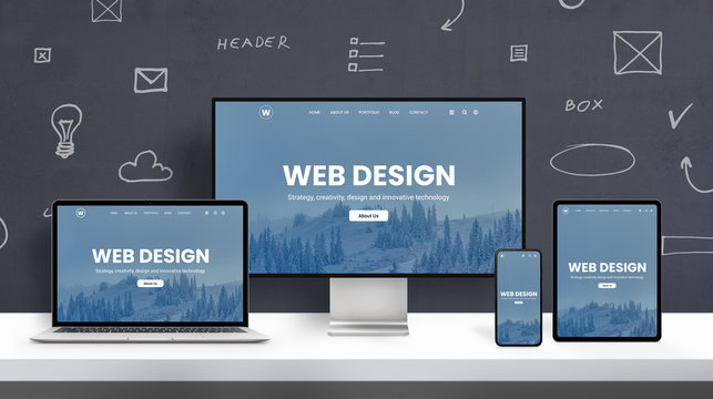 Responsive web design page promotion on different display devices. Office studio desk cioncept with web graphic elements on wall