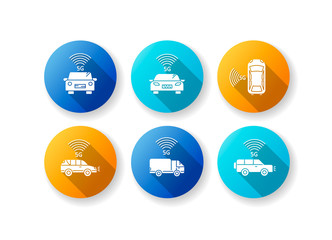 5G smart cars flat design long shadow glyph icons set. Vehicles with Internet connection. Autonomous driving. Self-driving, intelligent automobile. Silhouette RGB color illustration