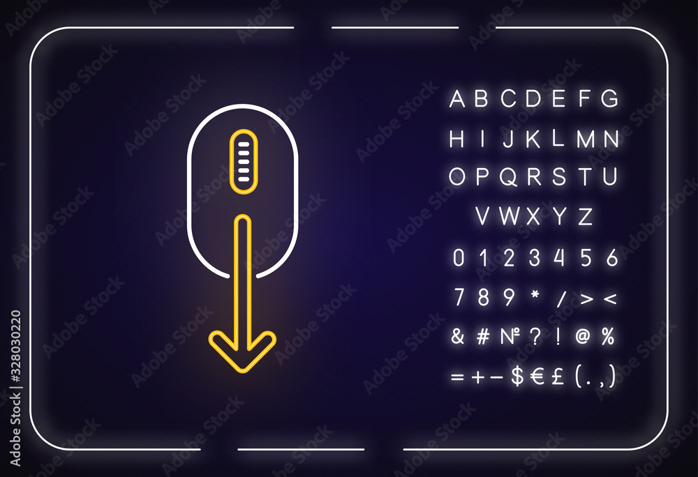 Poster mouse and down arrow neon light icon. web page scrolling down indicator. app interface button. outer