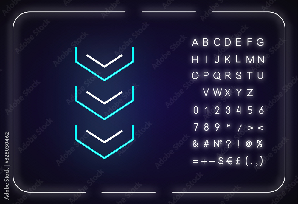 Poster scrolling down arrows button neon light icon. three downward arrowheads, indicators. outer glowing e