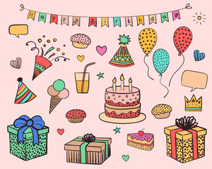 Set of decoration and food elements for birthday party. Flag, cake, cupcake, pie, party hat, air balloons, gifts, presents, box, firework, ice cream, coctail. Doodle for graphic and web design