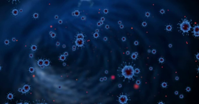 3D rendering animation, blue coronavirus cells covid-19 influenza flowing on abstract blue background with red cells as dangerous flu strain cases as a pandemic medical health risk concept of disease 