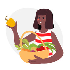 Vector illustration of black girl with basket of vegetables