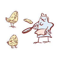 Obraz premium A set of vector illustrations in a cartoon style. Two chickens watch a hen bake pancakes. Hand drawn. On white background.