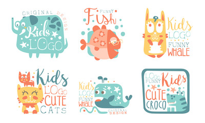 Fototapeta premium Collection of Kids Logo Design Templates with Cute Funny Animals, Childish Hand Drawn Badges Vector Illustration