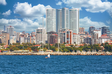 Fototapeta premium ISTANBUL, TURKEY - October 9th, 2019: Genuine architecture along the banks of Bosphorus, popular travel destination and significant passway between Europe and Asia. Bosphorus cruise.