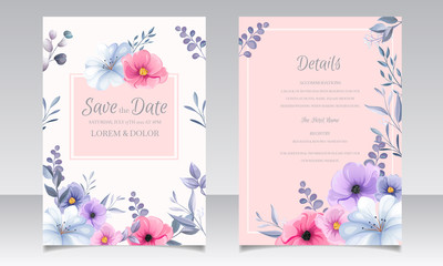 Elegant wedding invitation card template set with beautiful floral and leaves