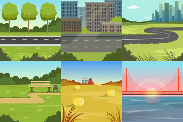 Collection of Sceneries of Urban and Natural Landscapes, Summer Backgrounds with River, Bridge, City Buildings Vector Illustration