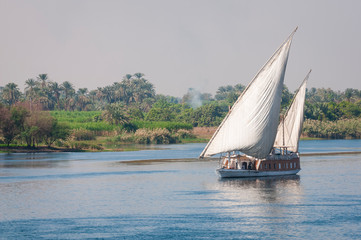 Traditional Egyptian twin-masted sandal boat sailing on the smooth waters of the River Nile with lush greenery on the shore in Egypt