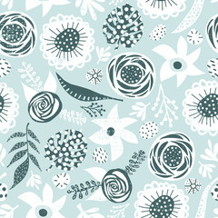 Materiał do szycia Winter flowers and leaves blue white mint seamless vector pattern. Floral textured hand drawn background in cold blue hues for cards, gift wrap paper, fabric design, surface decoration, digital paper