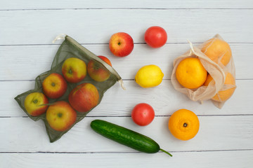Vegetables and fruits in reusable eco friendly mesh bag