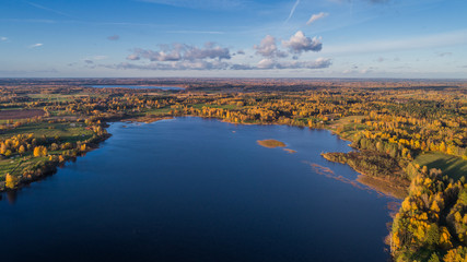 Beautiful nature landscape - lake and forests from above around Stameriena village, Latvia (drone photography)