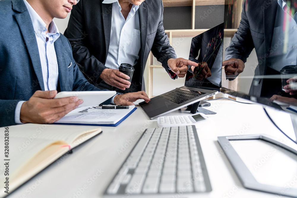 Poster Business team investment working with computer, planning and analyzing graph stock market trading with stock chart data, business financial investment and technology concept