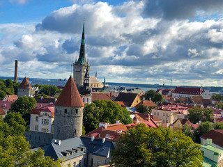 Tallinn,  Estonia :  Old city of Tallinn seen from a lookout on Toompea hill. Traditional Red...