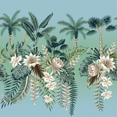 Obraz premium Tropical vintage botanical landscape, lotus flower, palm tree, plant, palm leaves floral seamless pattern gradient background. Exotic jungle wallpaper.