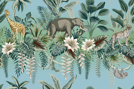 Tropical vintage botanical landscape, lotus flower, palm tree, plant, palm leaves, sloth, leopard, elephant, giraffe floral seamless pattern gradient background. Jungle wild animal wallpaper. © good_mood