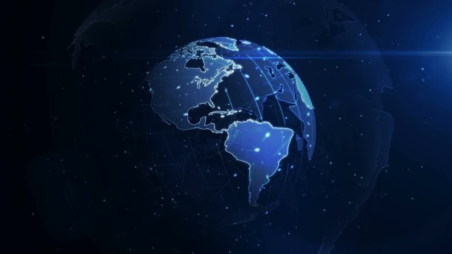 Rotating digital earth globe 3d loopable and seamless animation. Abstract concept background of future technology, modern science, cyber business, big data analising and 5G global network.