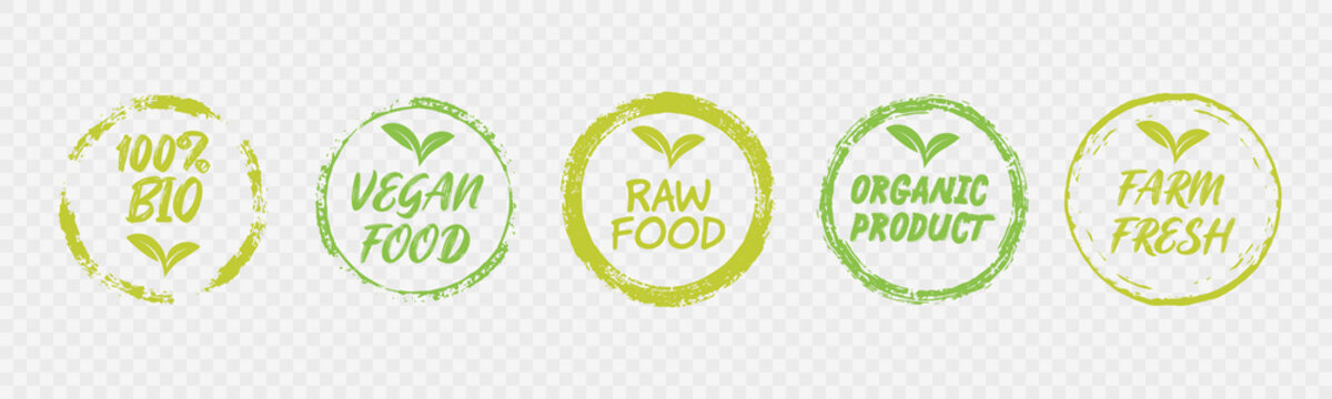 Vegan Healthy Ecology Bio Emblem Logo Design Lettering Badges with Fresh Green Leaves and Grunge Circles Icon Label Sticker Design