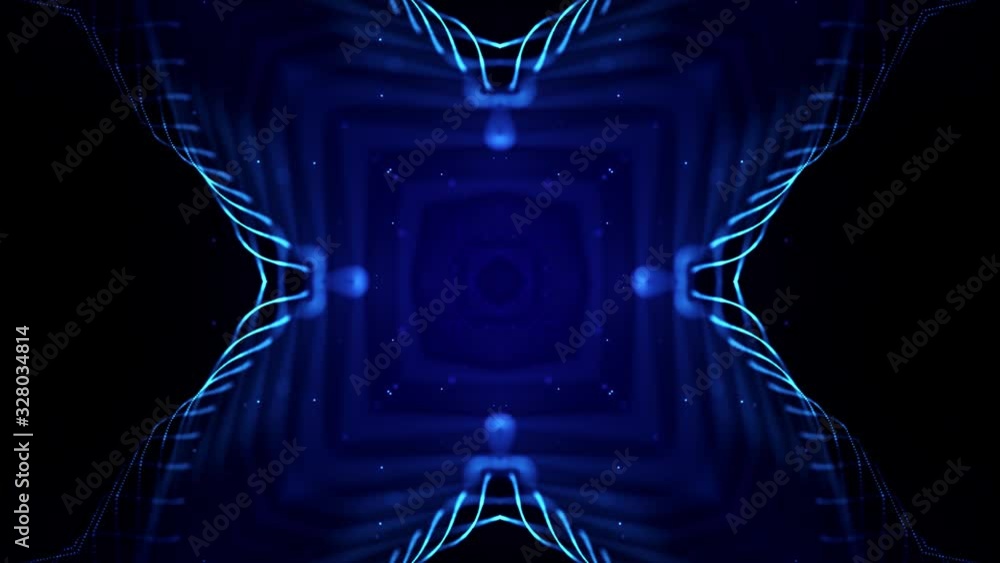 Poster 4k looped sci-fi 3d background with light effects. glow blue particles form lines, surfaces, complex