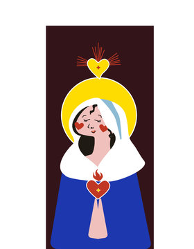 Cute colorful vector illustration of Holy Mother Mary with a bright yellow halo and a red burning heart with a dark background can be used on different church holidays like christmas and easter