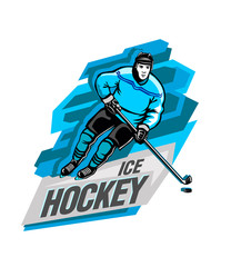 Ice hockey emblem with hockey player. Vector illustration.