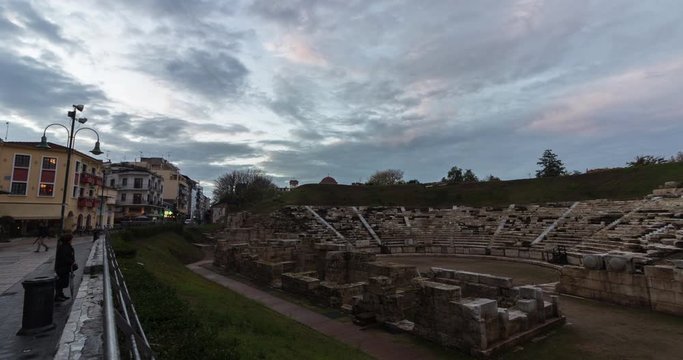 TIme lapse at sunset time of the First Ancient Theater located in the Acropolis of Larissa, Greece.