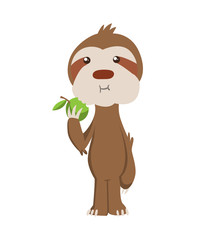 Cute baby sloth standing and eating apple. Vector funny sloth illustration for summer design. Adorable cartoon animal. Funny cartoon sloth with full belly. Cute lazy character vector illustration