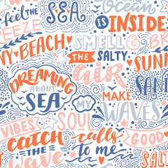 Vector seamless pattern with Sea handwritten letterings and symbols. Hand drawn background - 328037833