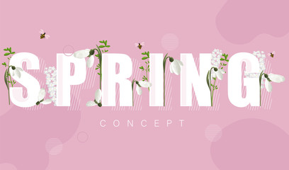 Spring banner with white snowdrops and lilac flowers