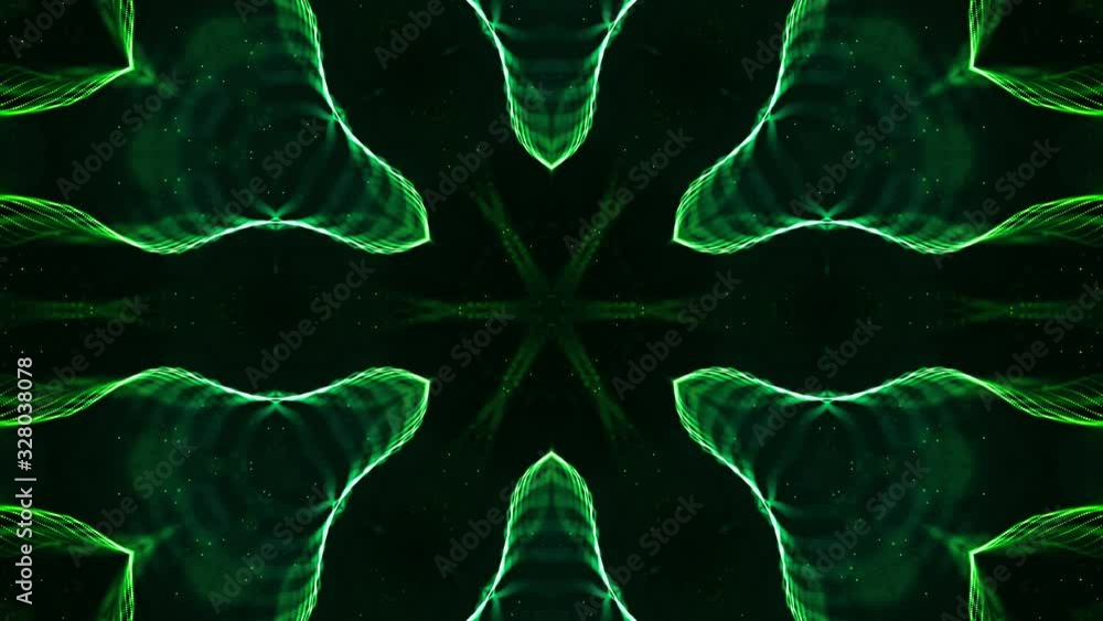 Aufkleber 4k looped sci-fi 3d background with glow green particles form lines, surfaces, pattern, kaleidoscope