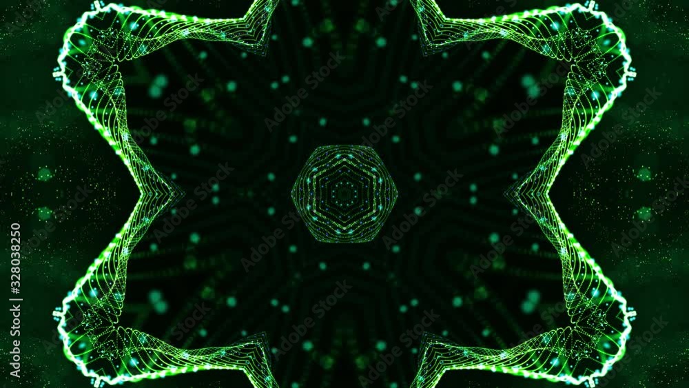 Aufkleber 4k looped sci-fi 3d background with glow green particles form lines, surfaces, pattern, kaleidoscope
