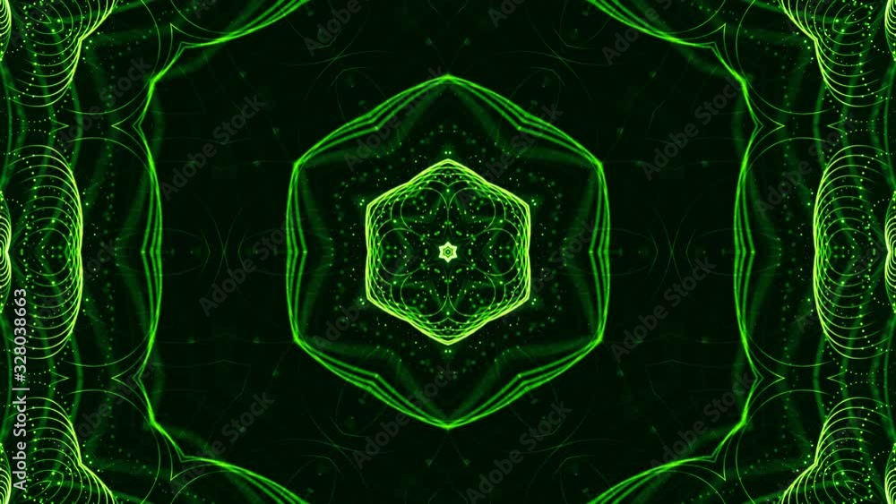 Aufkleber 4k looped sci-fi 3d background with glow green particles form lines, surfaces, pattern, kaleidoscope