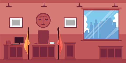 Empty courthouse or trial interior with wooden furniture flat vector illustration.