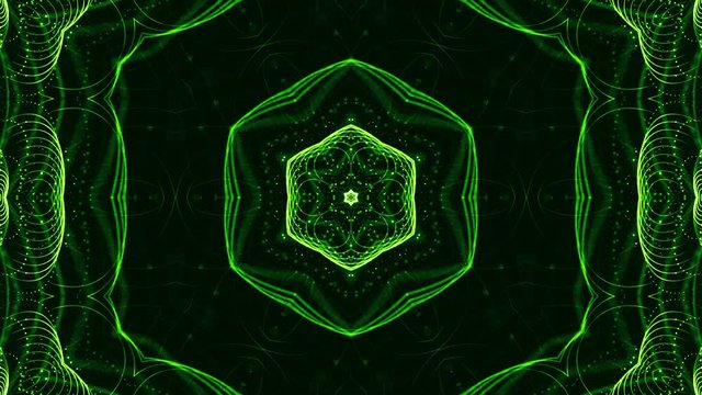 4k looped sci-fi 3d background with glow green particles form lines, surfaces, pattern, kaleidoscope structures. Abstraction symmetrical point structures of microworld in motion. 3