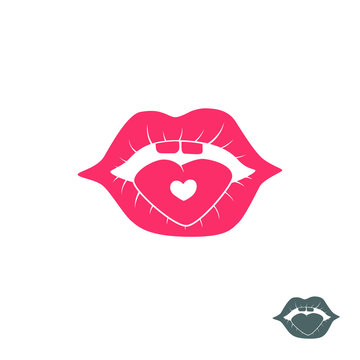 Tablet on the tongue, lips and medicine for love, vector illustration, flat silhouette, pink, red