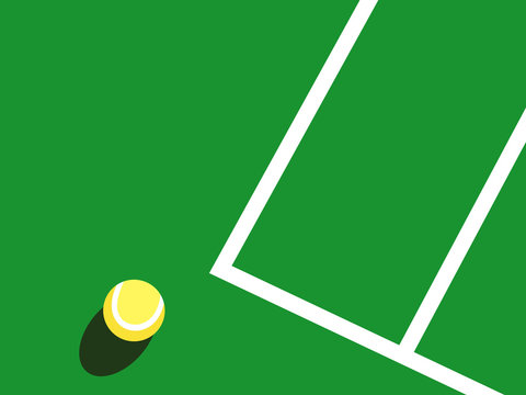 Graphic realistic vector illustration of one yellow tennis ball laying on green court with white baseline fragment in bright sunlight. Sports active lifestyle competition poster in pop art style