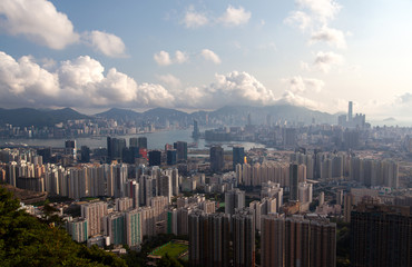 Cityscape Hong Kong city district under grey dense clouds