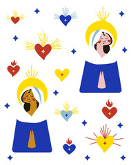 Cute bright vector illustration pattern with black and white Holy Virgin Mary with yellow halo above head surrounded by ex-voto hearts in different colors for church holidays like christmas and easter