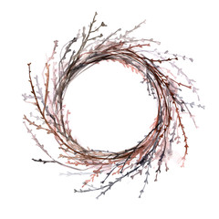 Naklejka premium Spring wreath decor from the branches. Watercolor drawing flowers decoration. Green spring twigs and eggs