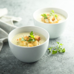 Cheese soup with bread croutons 