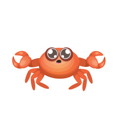Cartoon red crab character with claws isolated on white backgound. Water animal sign. Seafood icon or logo