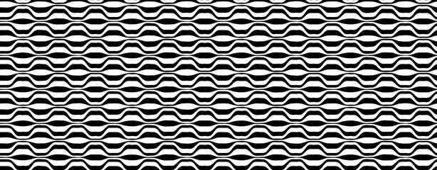 Black and white striped seamless pattern. Abstract wave line art. Op art, optical illusion. Psychedelic background. Modern design, graphic texture.