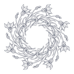 Coloring book page with flower wreath. Knapweeds mandala, vector illustration.