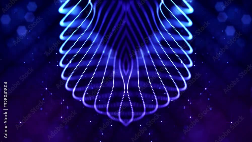 Poster glow blue particles form lines, symmetrical structures like in microworld or cosmic space. 4k looped