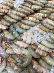 Close up to fresh shrimps on the market table partly covered with ice. Delicious prawns, best of seafood. 