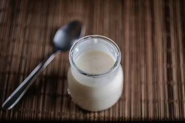 Rice pudding in a wooden background