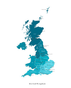 Vector modern isolated illustration. Simplified administrative map of United Kingdom of Great Britain and Northern Ireland (UK). Blue shapes. Names of spme big cities and regions. White background
