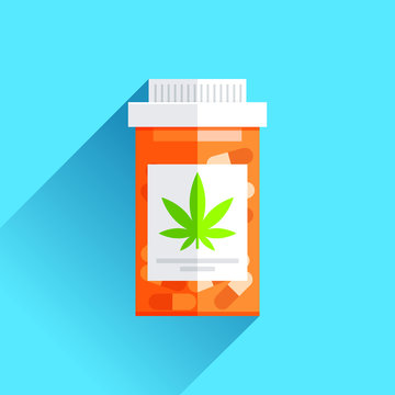 Jar of medicinal marijuana, ganja box in flat style on color background. Vector design element for you project
